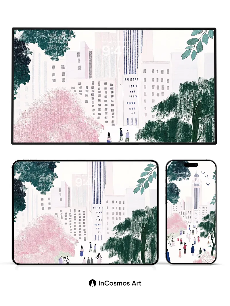 Serene Cityscape Wallpaper with Cherry Blossom Whispers