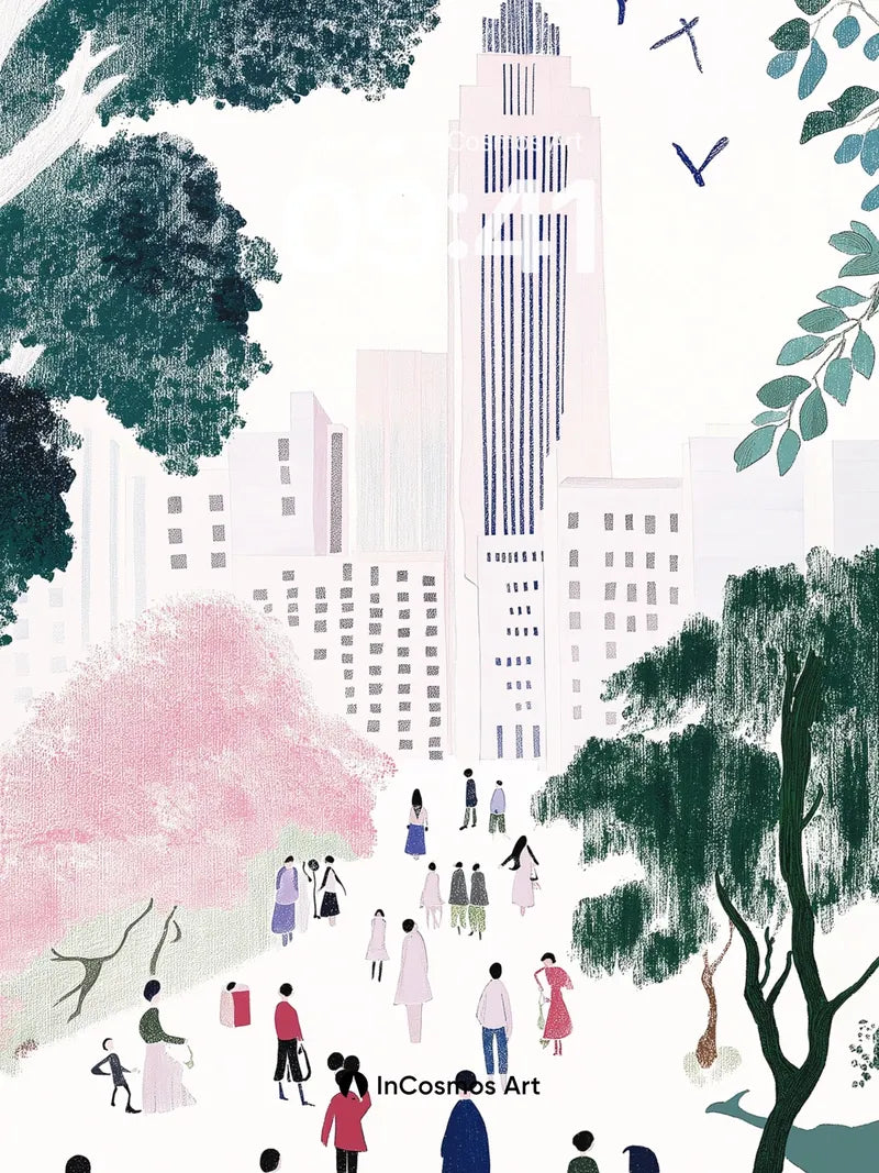 Serene Cityscape Wallpaper with Cherry Blossom Whispers