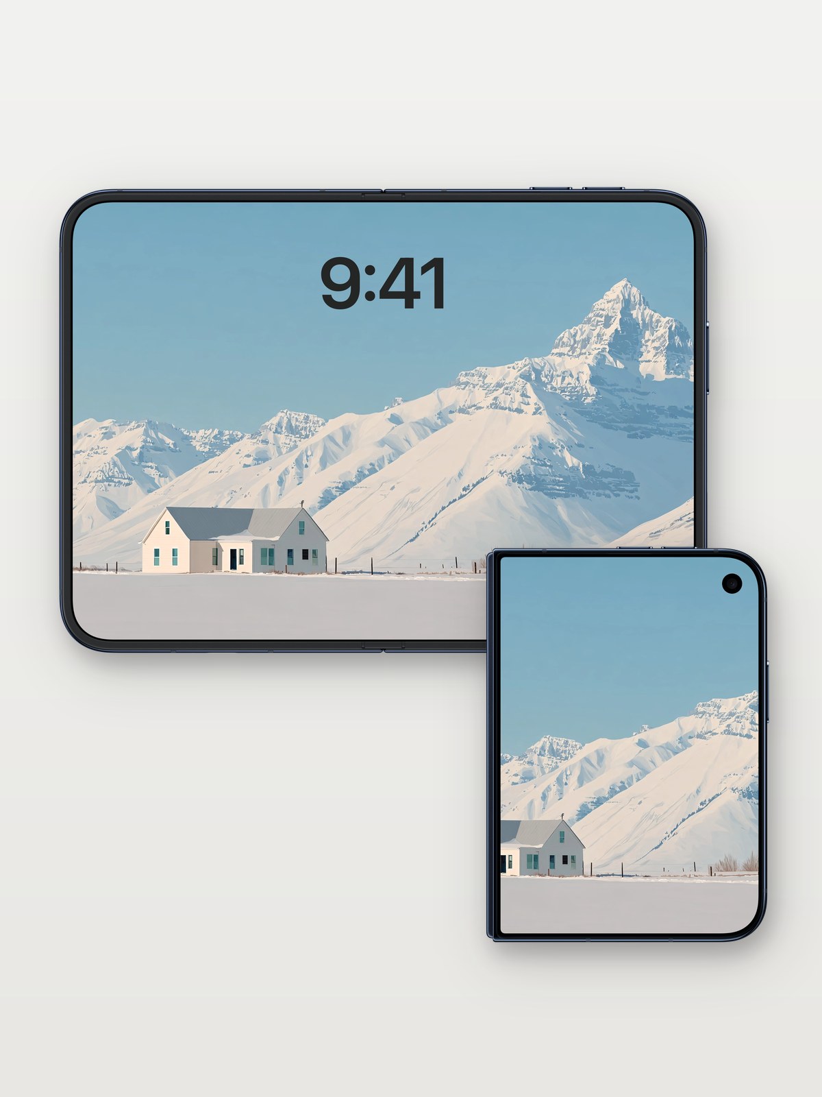 Serene Alpine Cottage Winter Wallpaper on iPhone Duo, open and closed