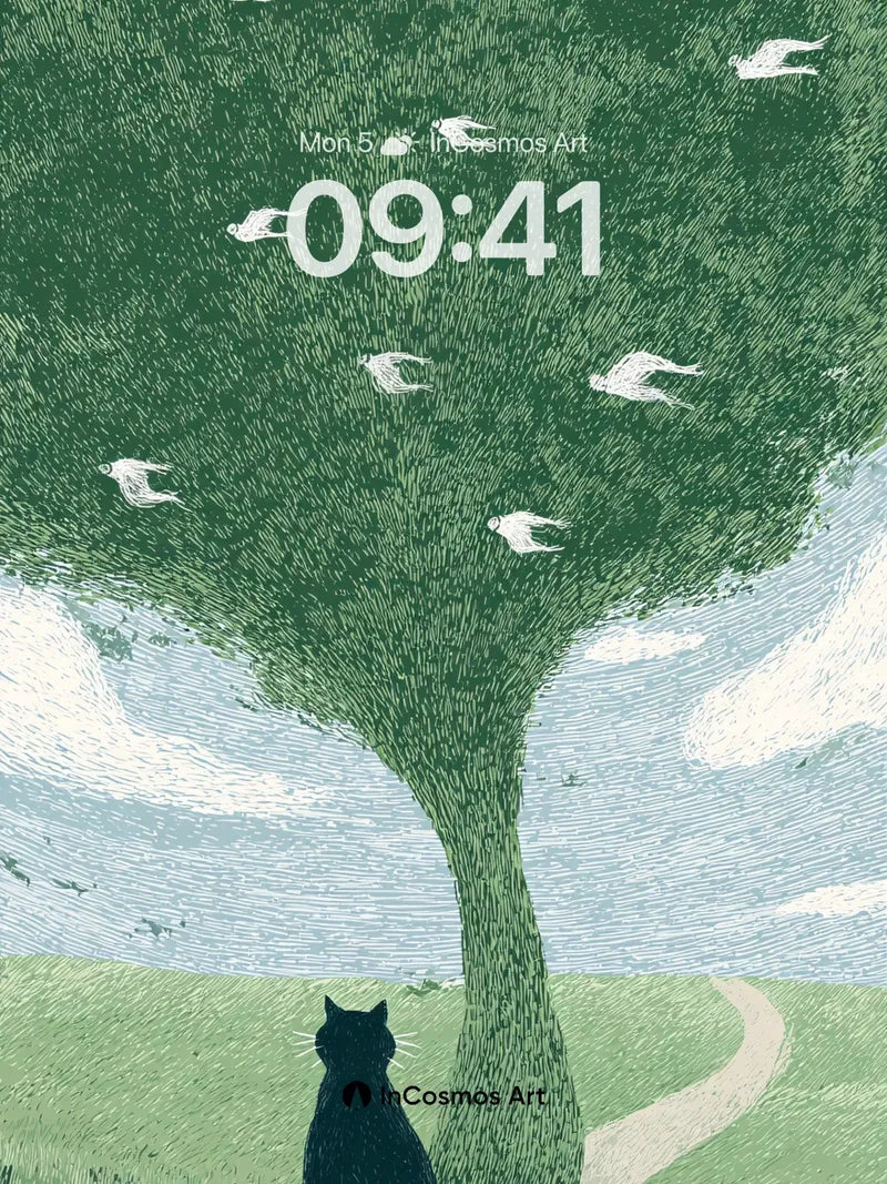 Serenity Tree Wallpaper with Floating Birds