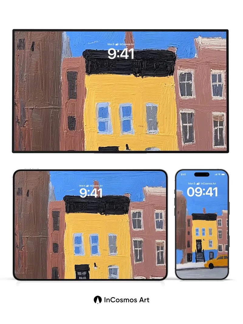 Sunlit Street Wallpaper with Yellow Cab Charm