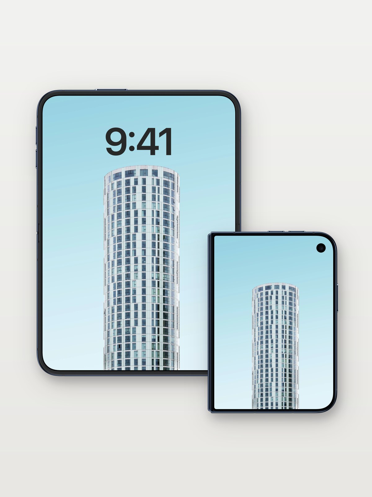 Calm Cylinder Wallpaper with Skyward Lines on iPhone Duo, open and closed