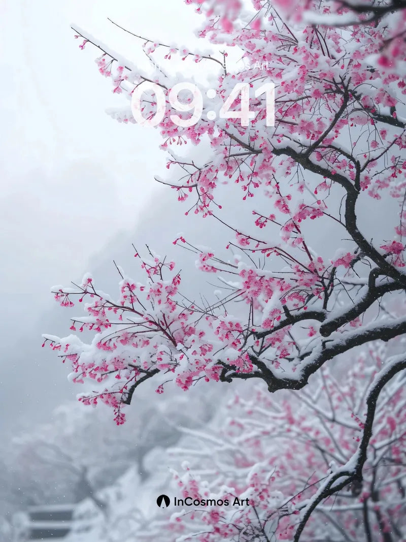Frost-Kissed Cherry Wallpaper with Whispering Snow