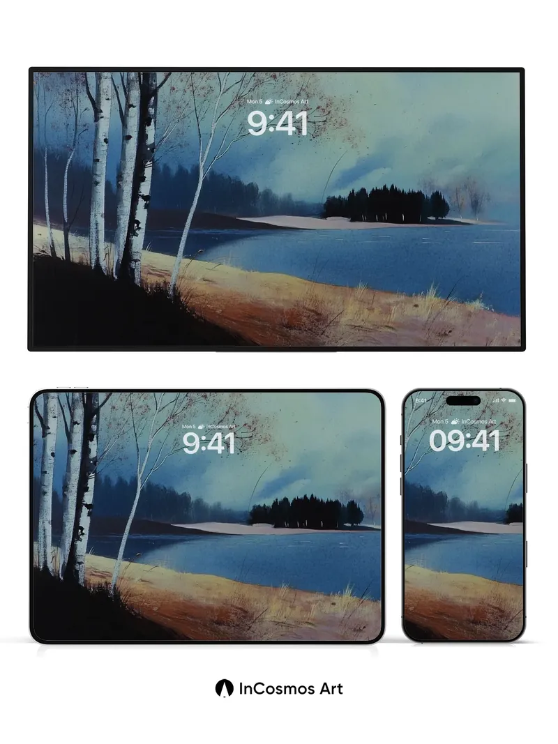 Serenity Birch Wallpaper with Misty Lake Glow