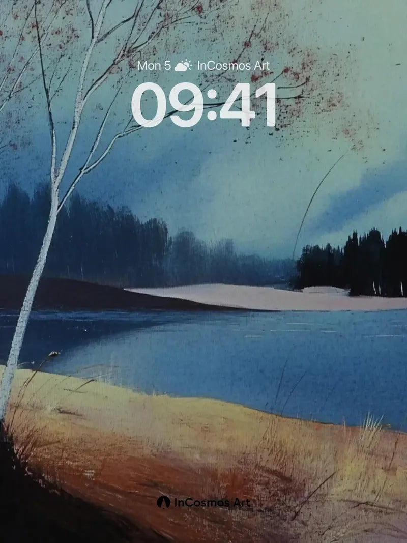 Serenity Birch Wallpaper with Misty Lake Glow