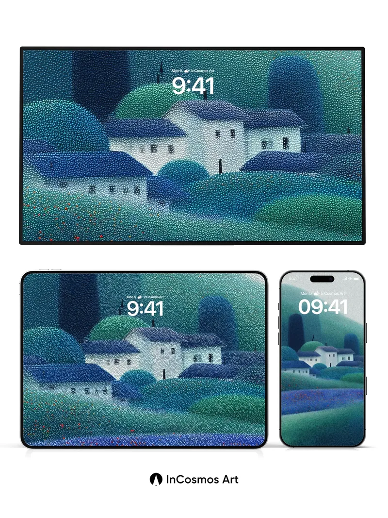 Mist-Woven Village Wallpaper with Dot-Textured Hues