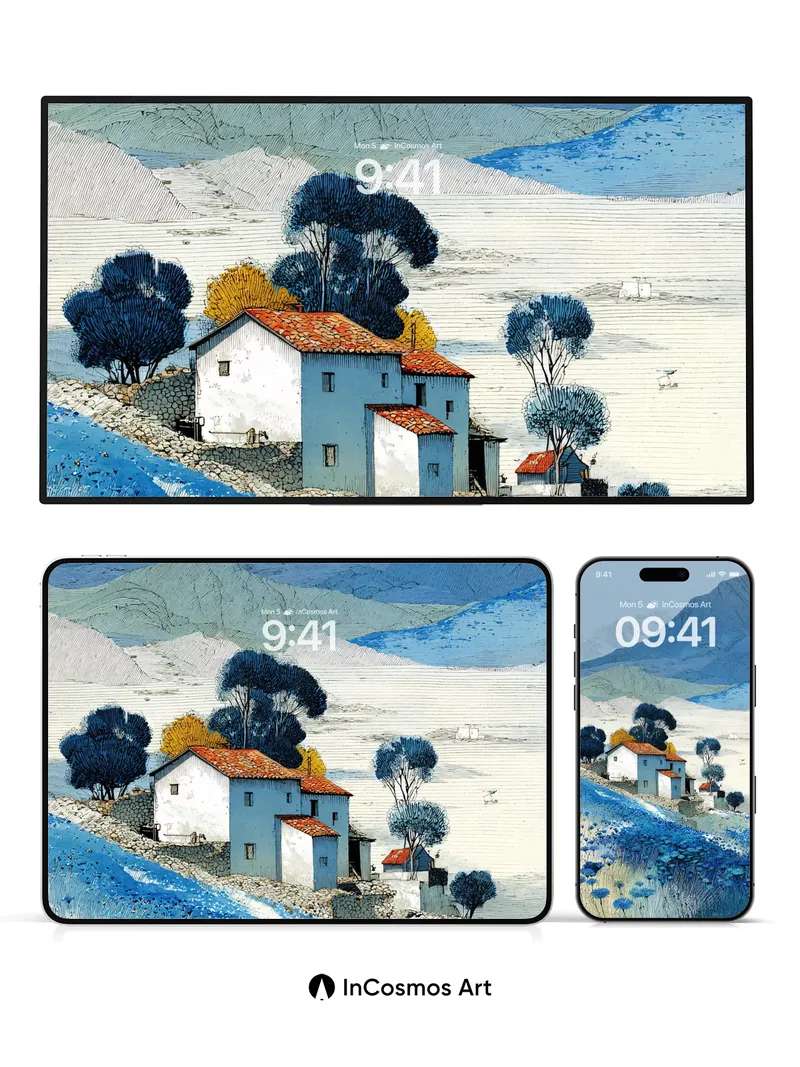 Serenity Ridge Wallpaper with Blue Flower Fields