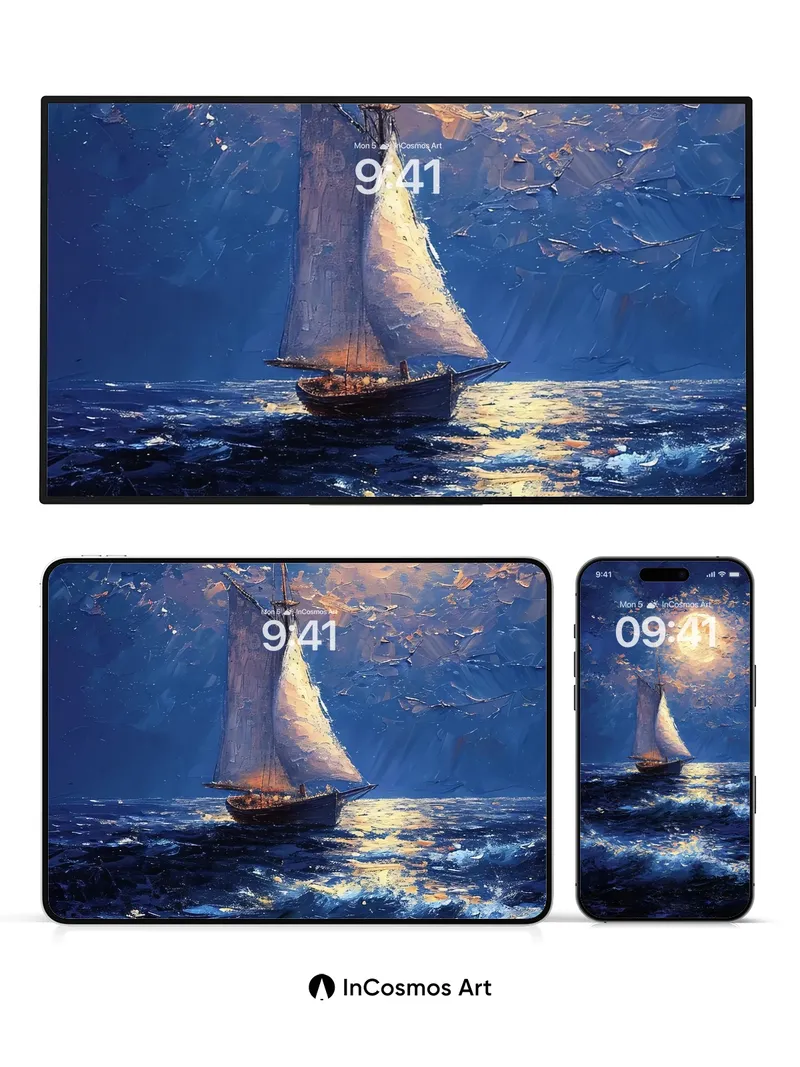 Moonlit Voyage Wallpaper with Gilded Waves