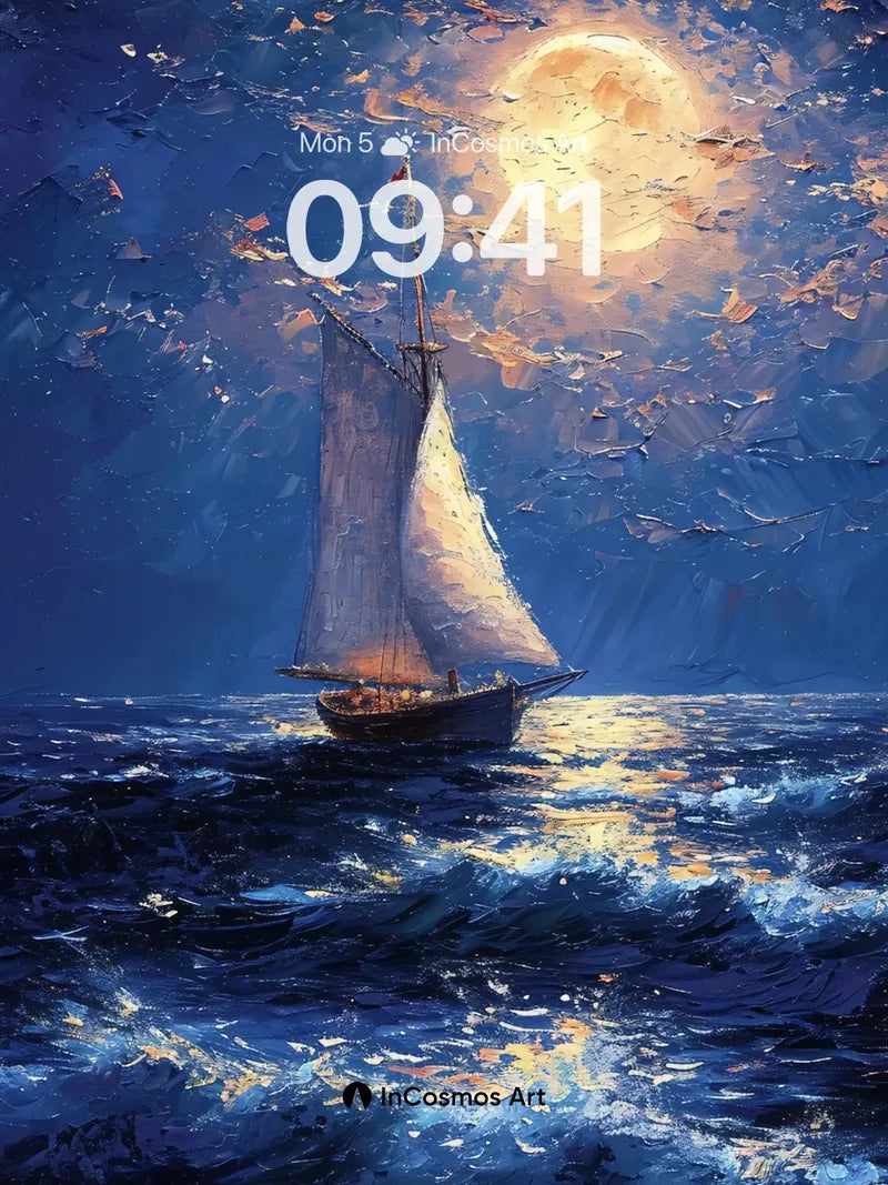 Moonlit Voyage Wallpaper with Gilded Waves