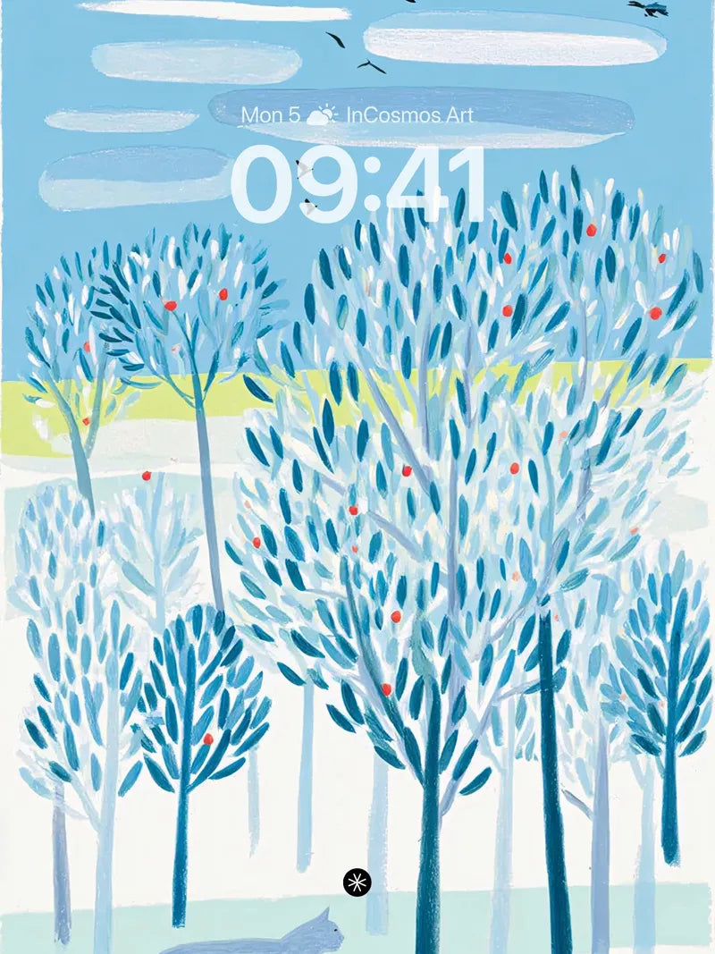 Serene Winter Forest Wallpaper with Blue Tones and Wildlife wallpaper for iPhone, iPad & Mac