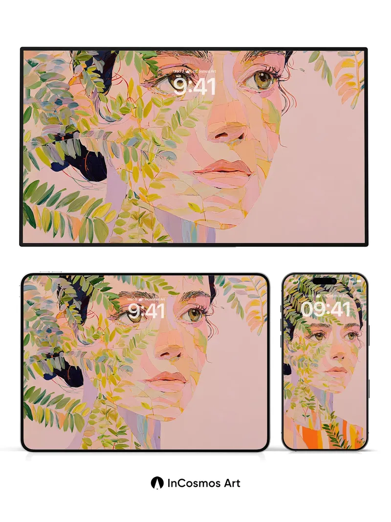 Leaf-Laced Portrait Wallpaper with Ethereal Light