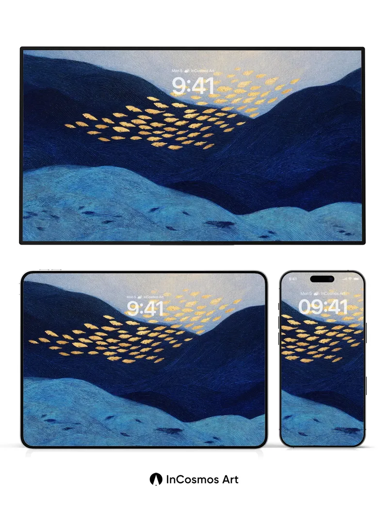 Luminous Drift Wallpaper with Floating Gold Leaves