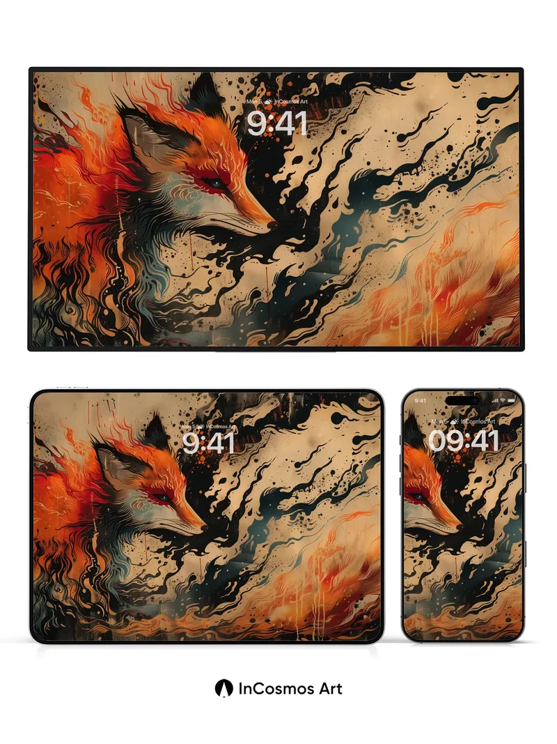 Flame-Woven Fox Wallpaper with Cosmic Ink Trails