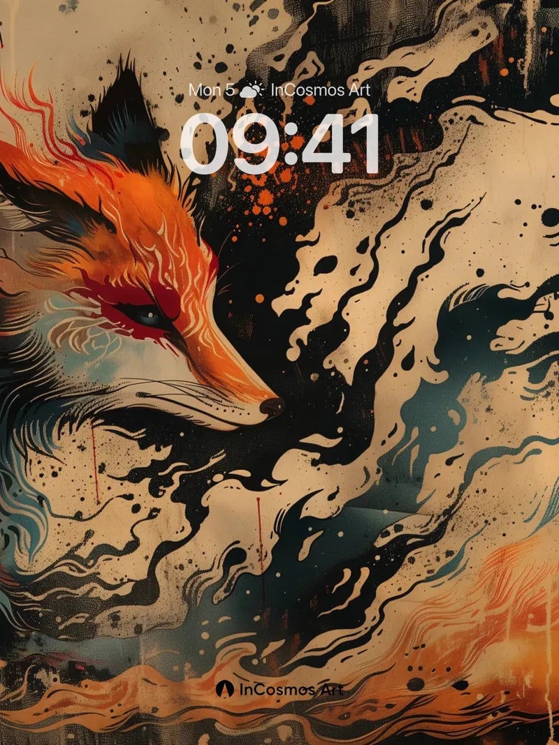 Flame-Woven Fox Wallpaper with Cosmic Ink Trails