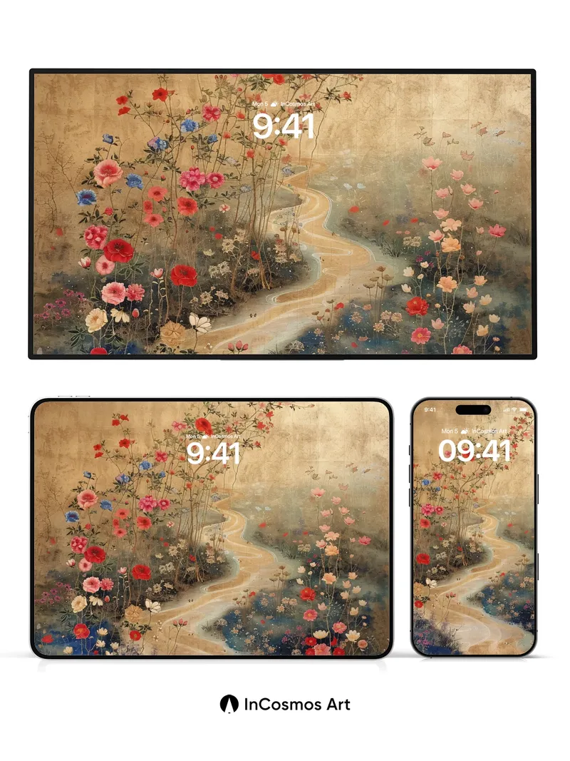 Golden Vein Wallpaper with Blossom River