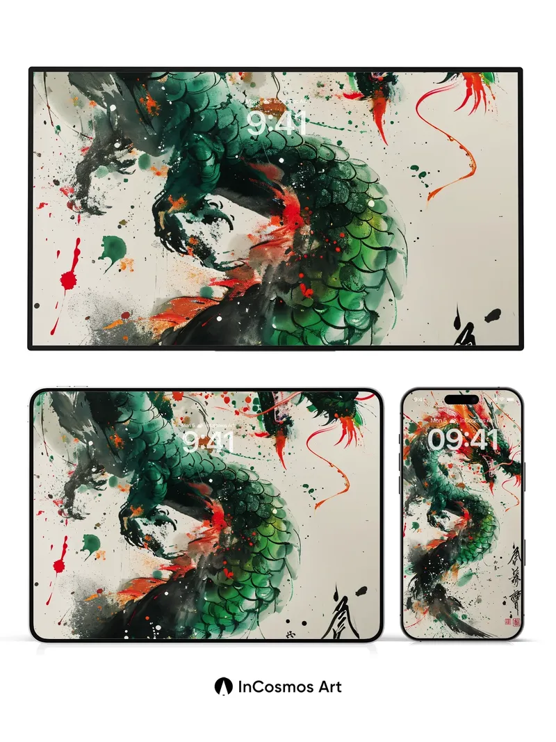 Fiery Scale Wallpaper with Ink Breath
