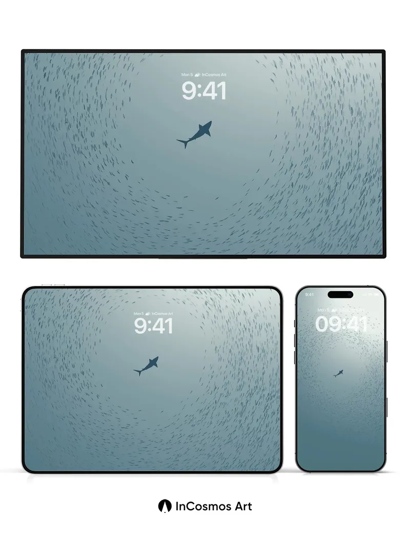 Serene Blue Depths Wallpaper with Whirling Fish