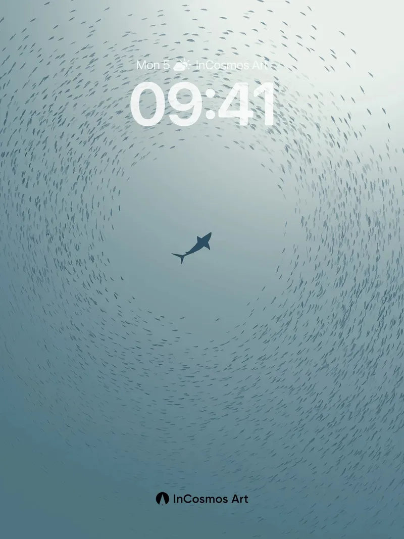 Serene Blue Depths Wallpaper with Whirling Fish wallpaper for iPhone, iPad & Mac