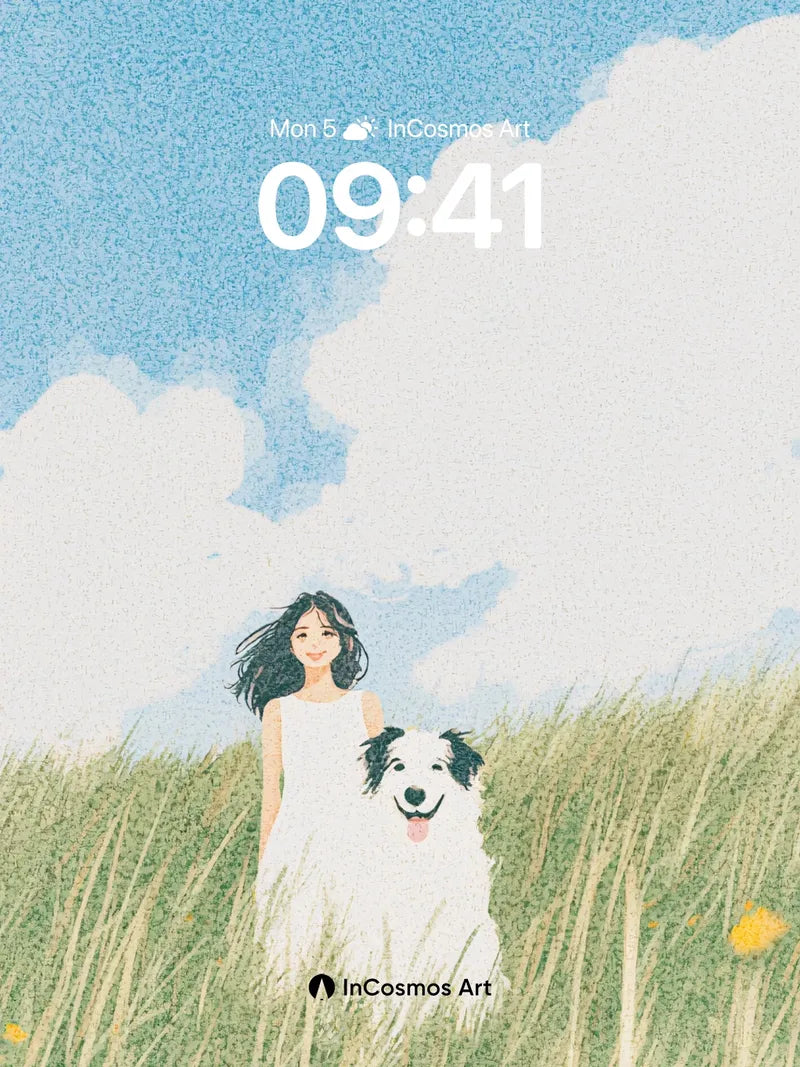 Serene Meadow Wallpaper with Canine Companion wallpaper for iPhone, iPad & Mac