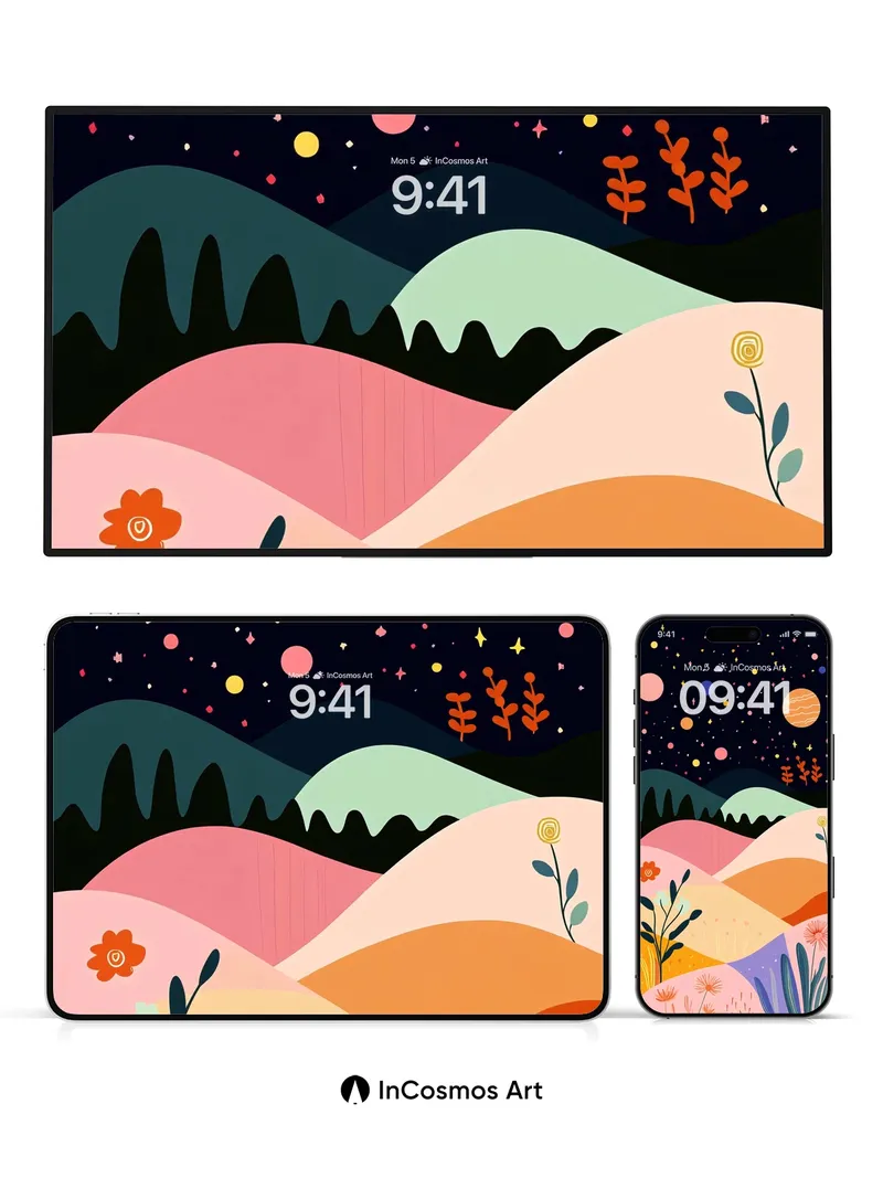 Stellar Bloom Wallpaper with Cosmic Hills