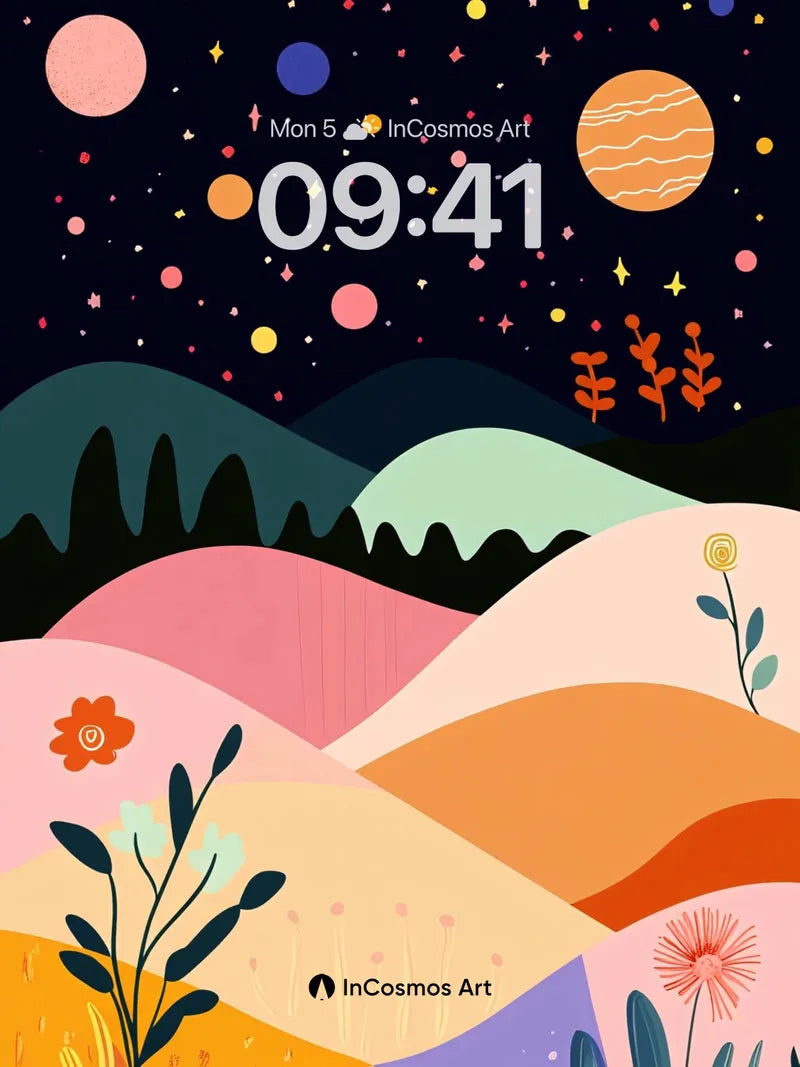 Stellar Bloom Wallpaper with Cosmic Hills