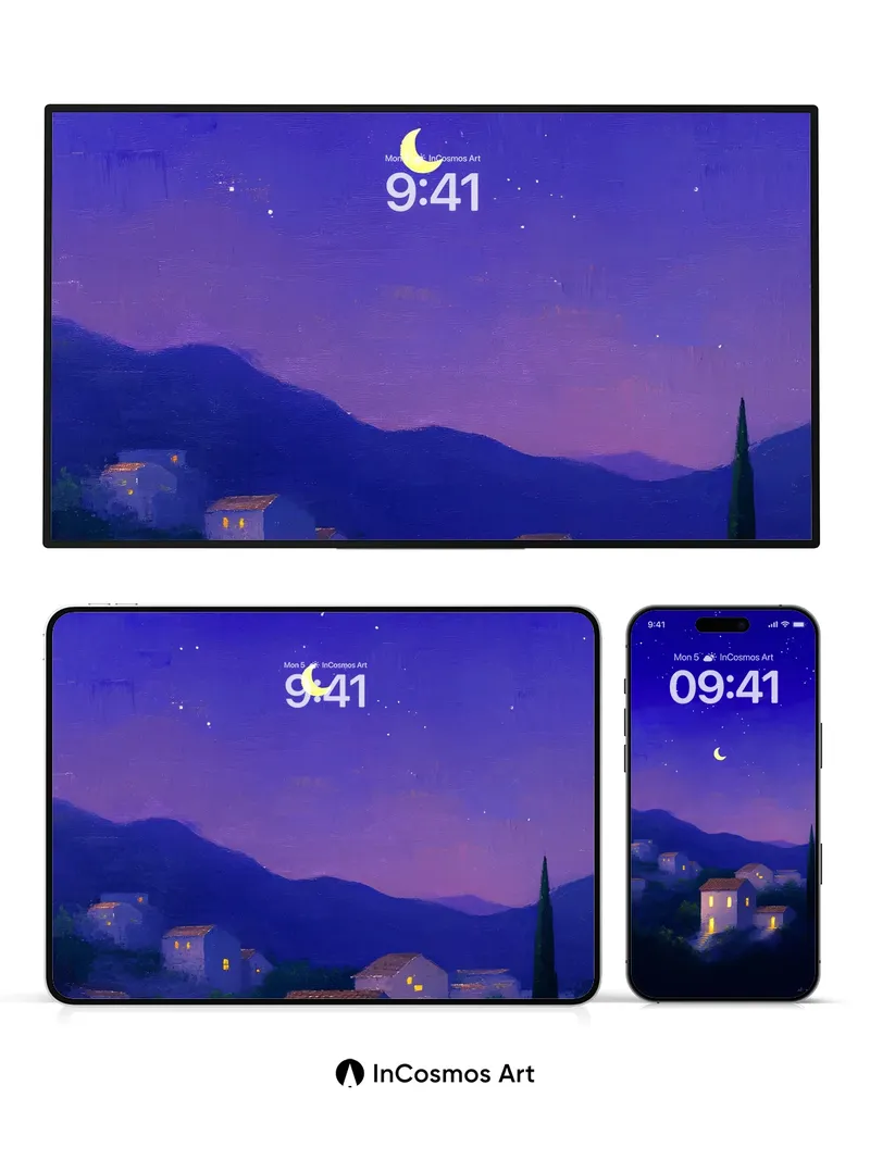 Serenity Moonlit Village Wallpaper with Starlight Veil
