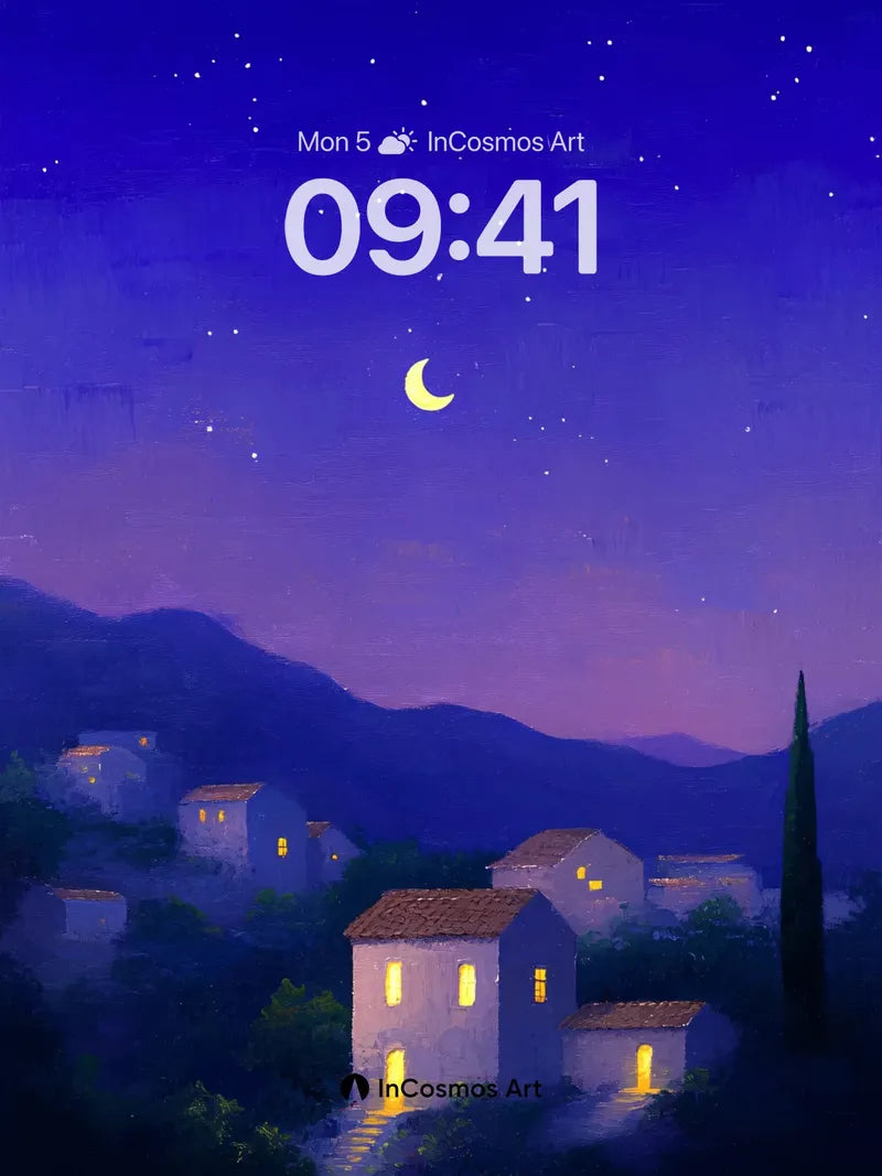 Serenity Moonlit Village Wallpaper with Starlight Veil