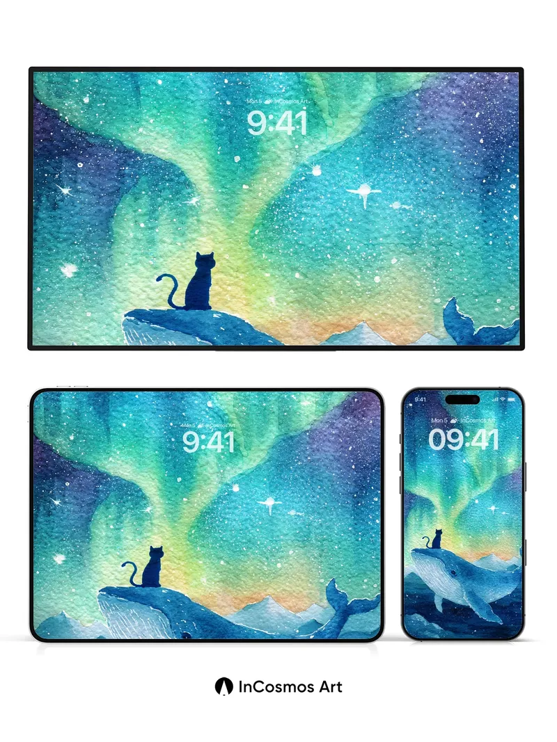 Whispering Aurora Wallpaper with Cat and Whale