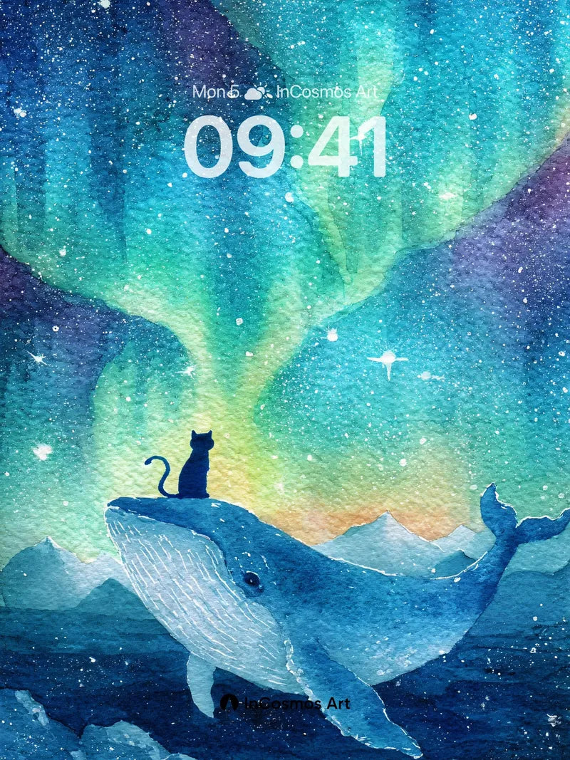 Whispering Aurora Wallpaper with Cat and Whale wallpaper for iPhone, iPad & Mac