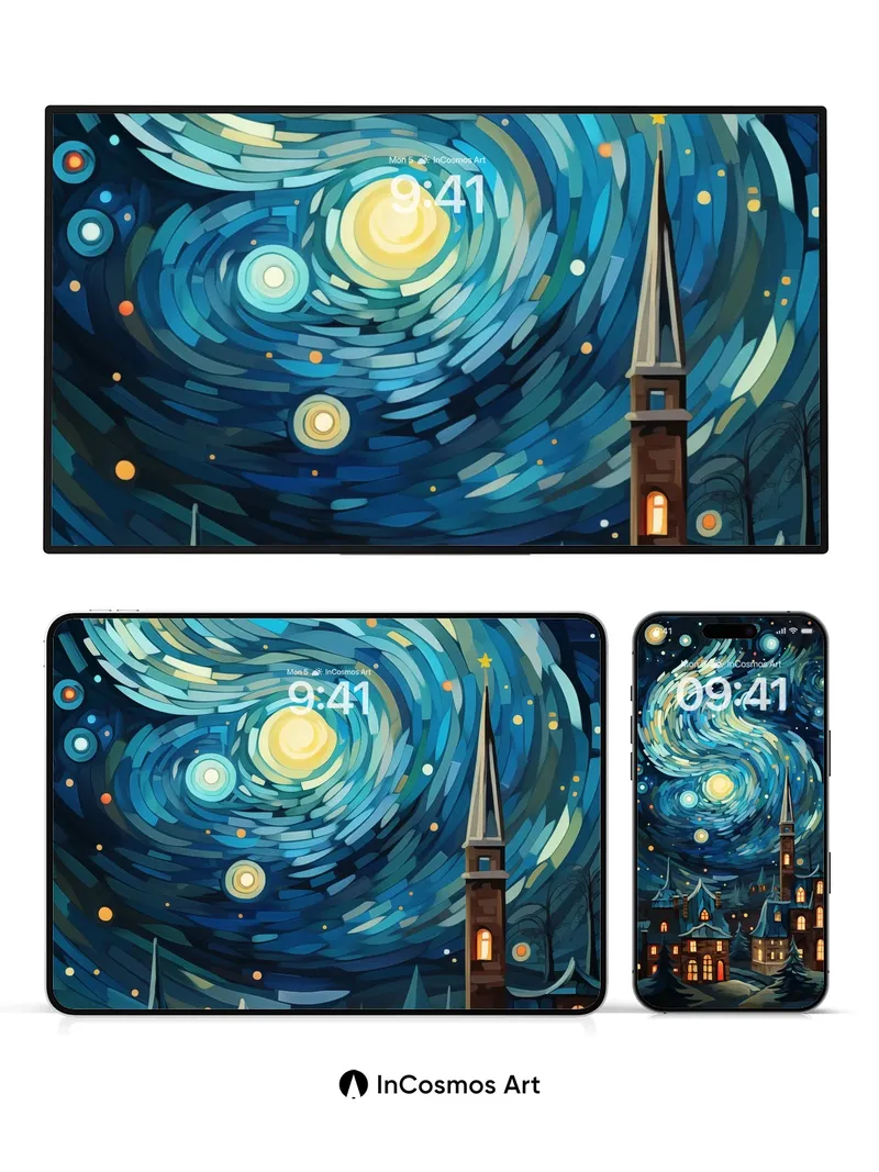 Starry Night Whirl Wallpaper with Cosmic Village