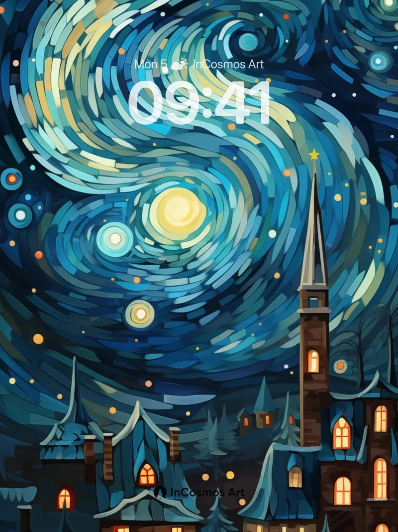 Starry Night Whirl Wallpaper with Cosmic Village