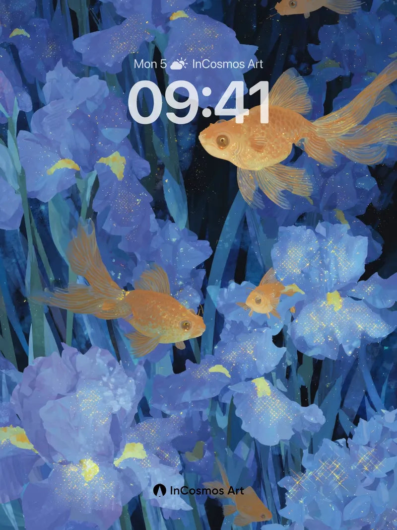 Luminous Iris Wallpaper with Golden Fish Drift