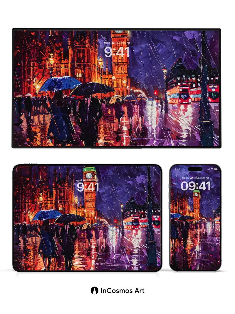Rain-Slicked London Wallpaper with Neon Reflections