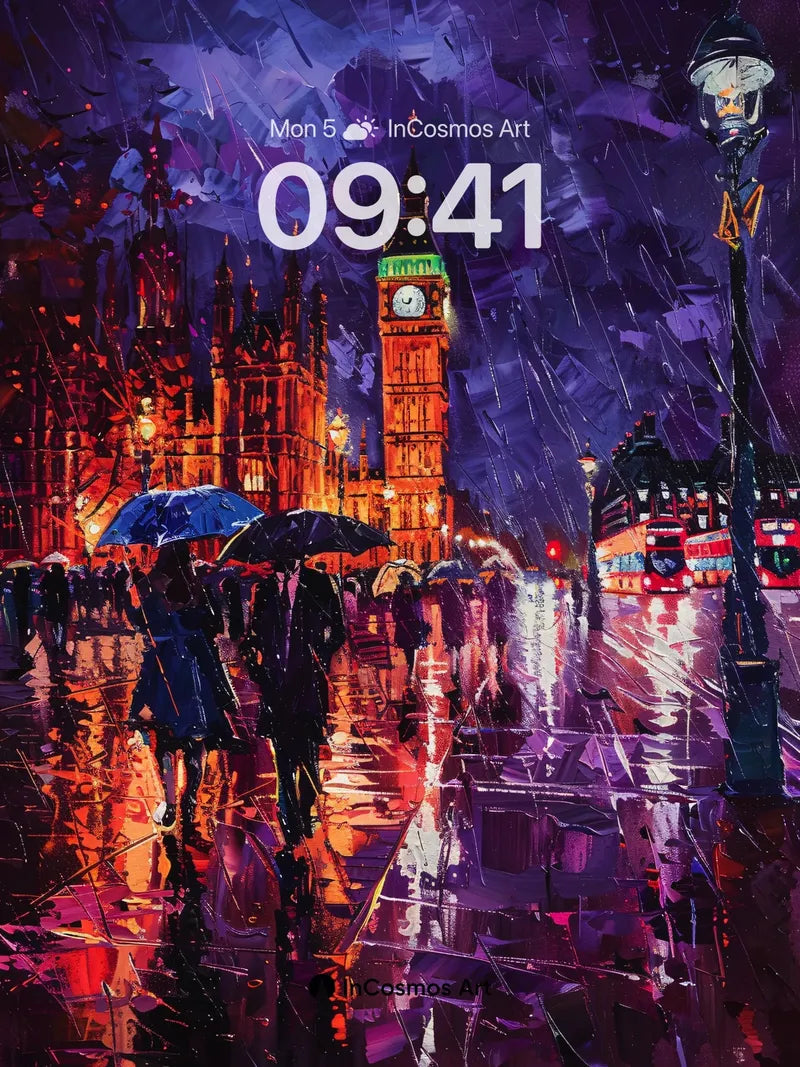 Rain-Slicked London Wallpaper with Neon Reflections