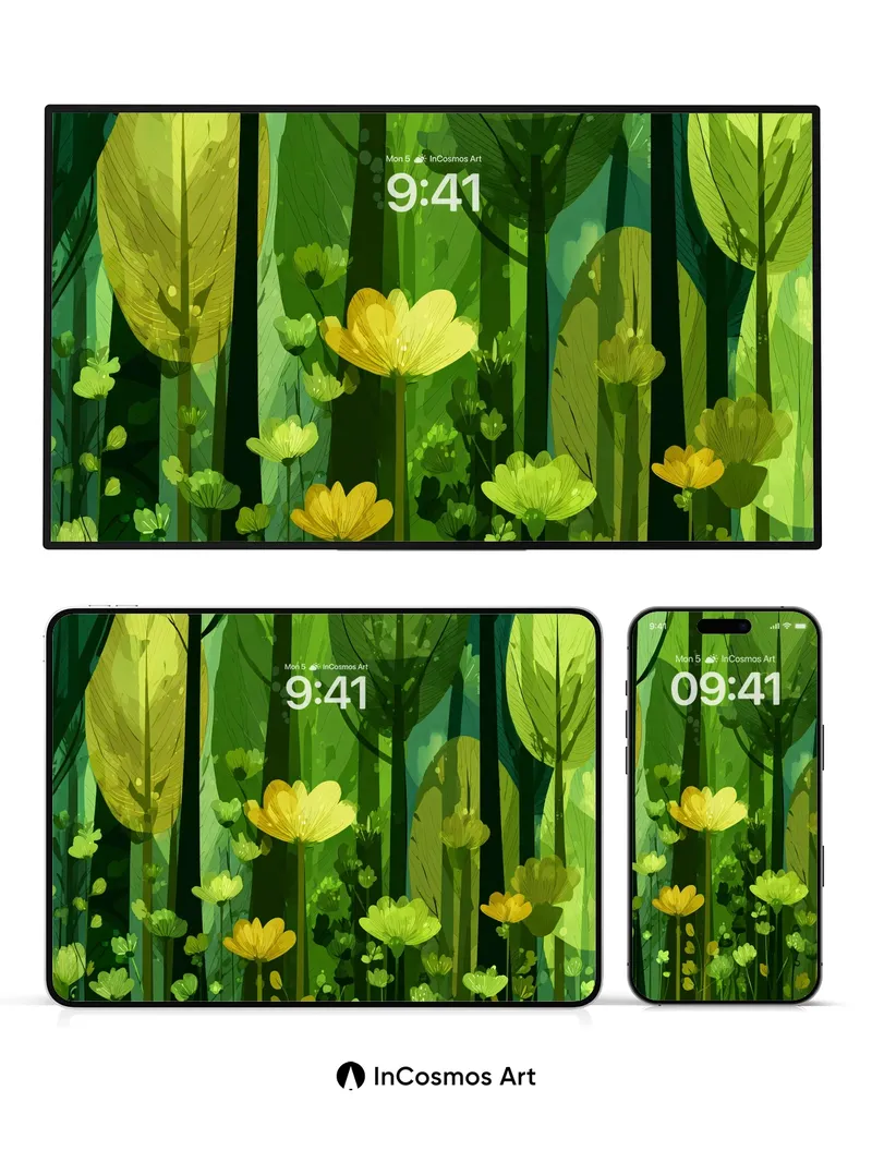 Luminous Forest Wallpaper with Golden Petals