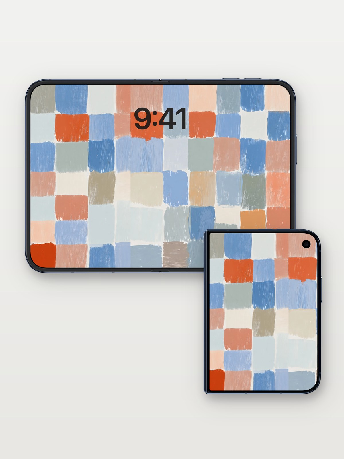 Abstract Squares Pattern Wallpaper on iPhone Duo, open and closed