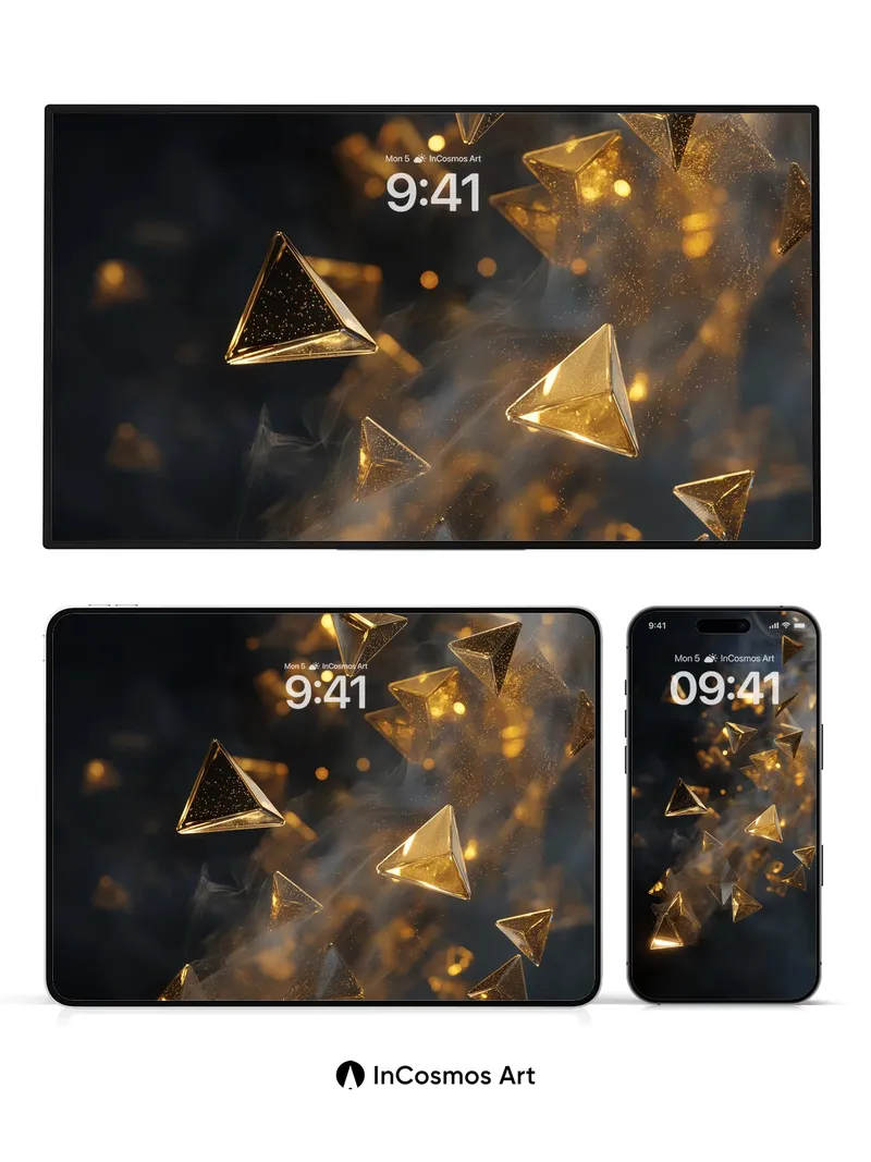 Luminous Geometry Wallpaper with Floating Gold Pyramids