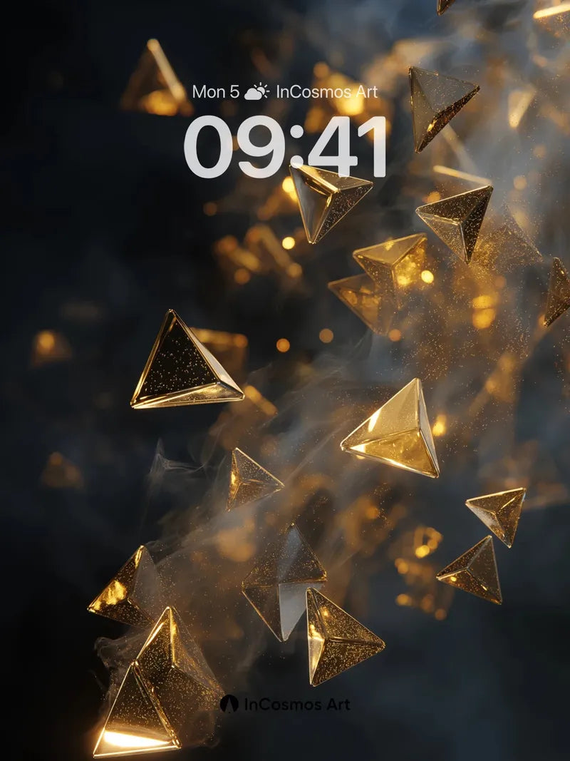 Luminous Geometry Wallpaper with Floating Gold Pyramids