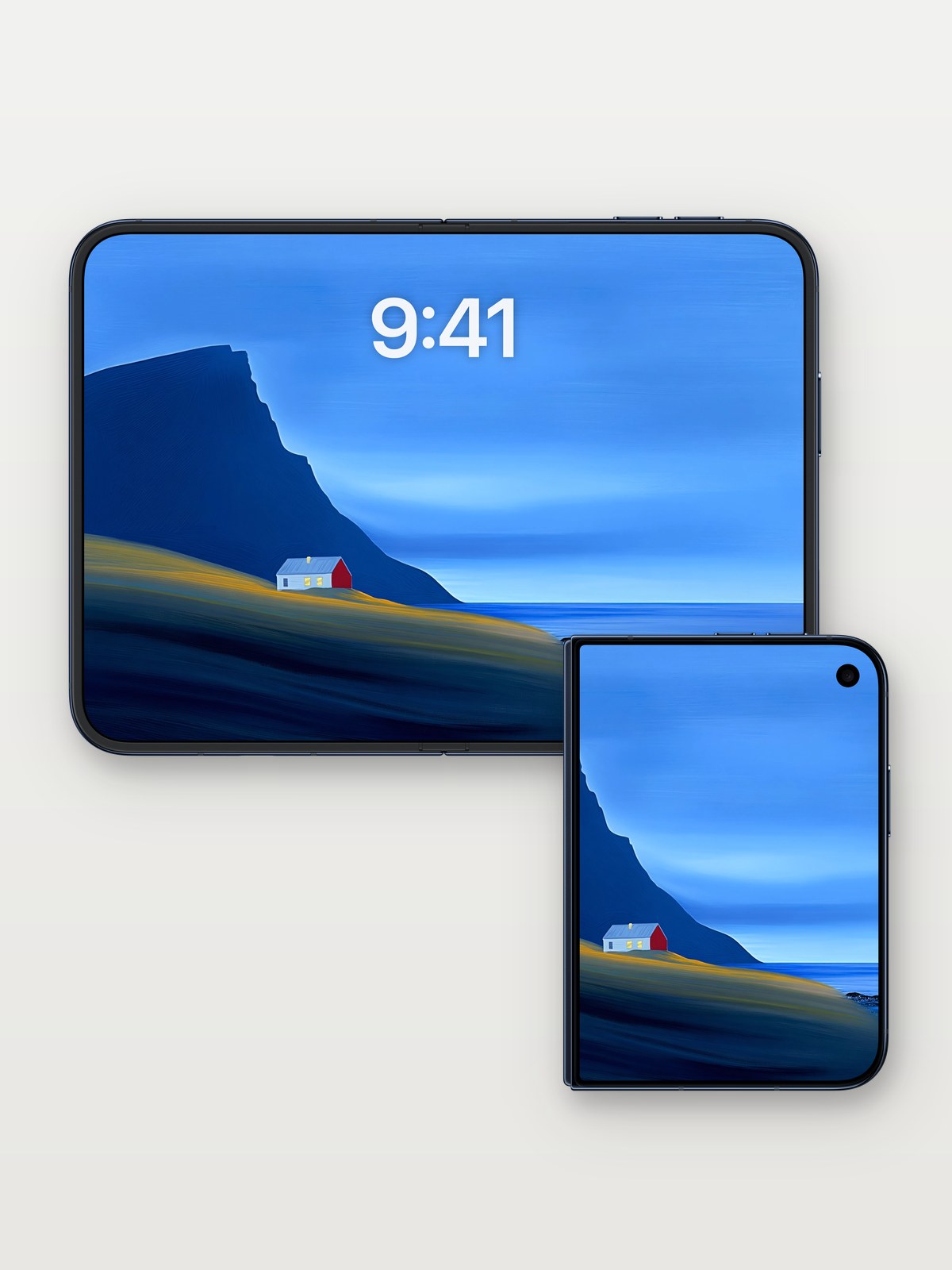 Solitary Coastal Retreat Wallpaper on iPhone Duo, open and closed