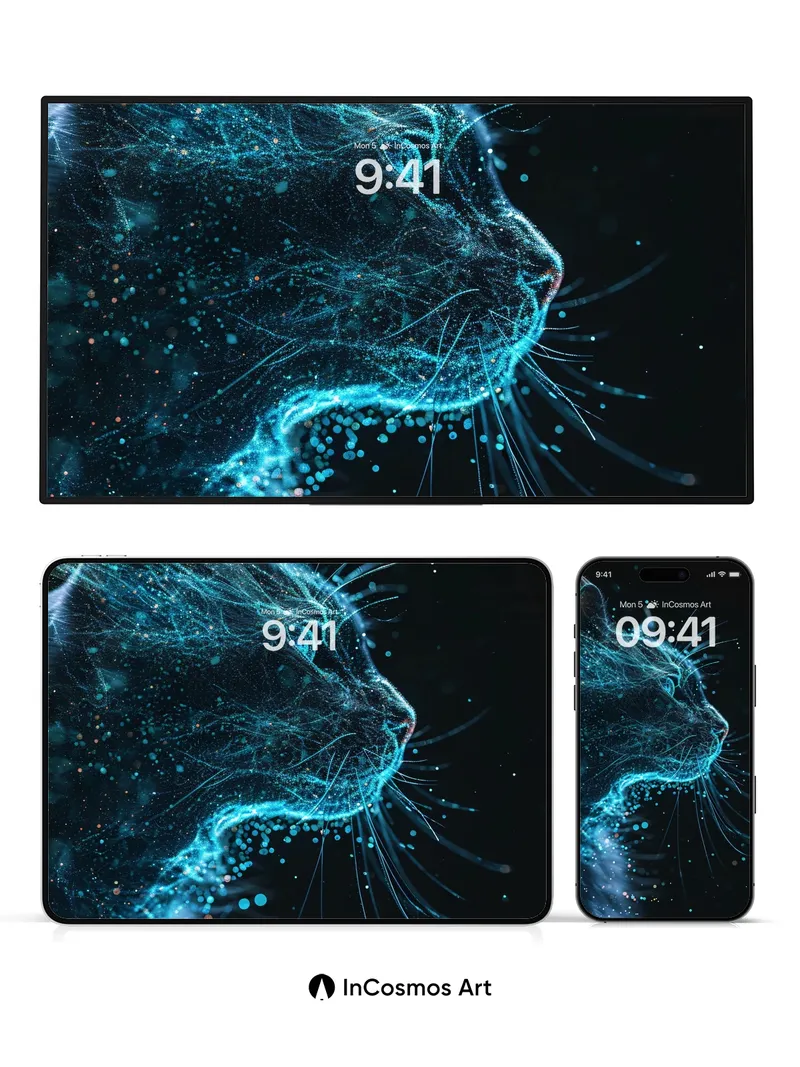 Neon Whispers Cat Wallpaper with Cosmic Threads