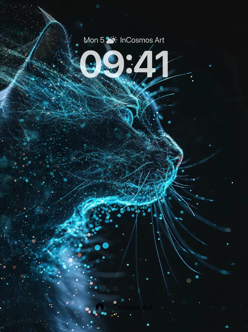 Neon Whispers Cat Wallpaper with Cosmic Threads