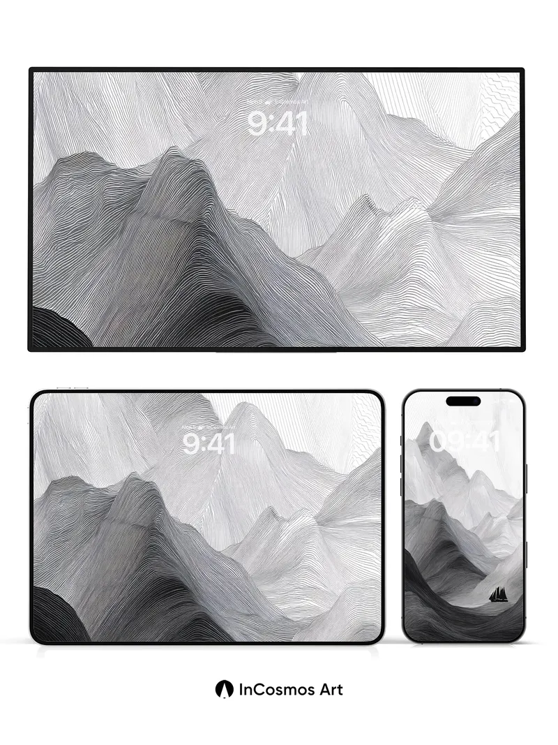 Serenity of Ink Mountains Wallpaper with Floating Sail