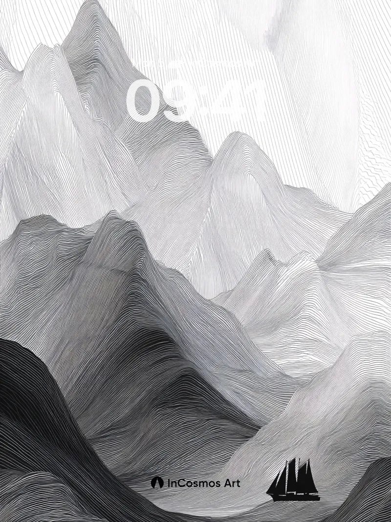 Serenity of Ink Mountains Wallpaper with Floating Sail