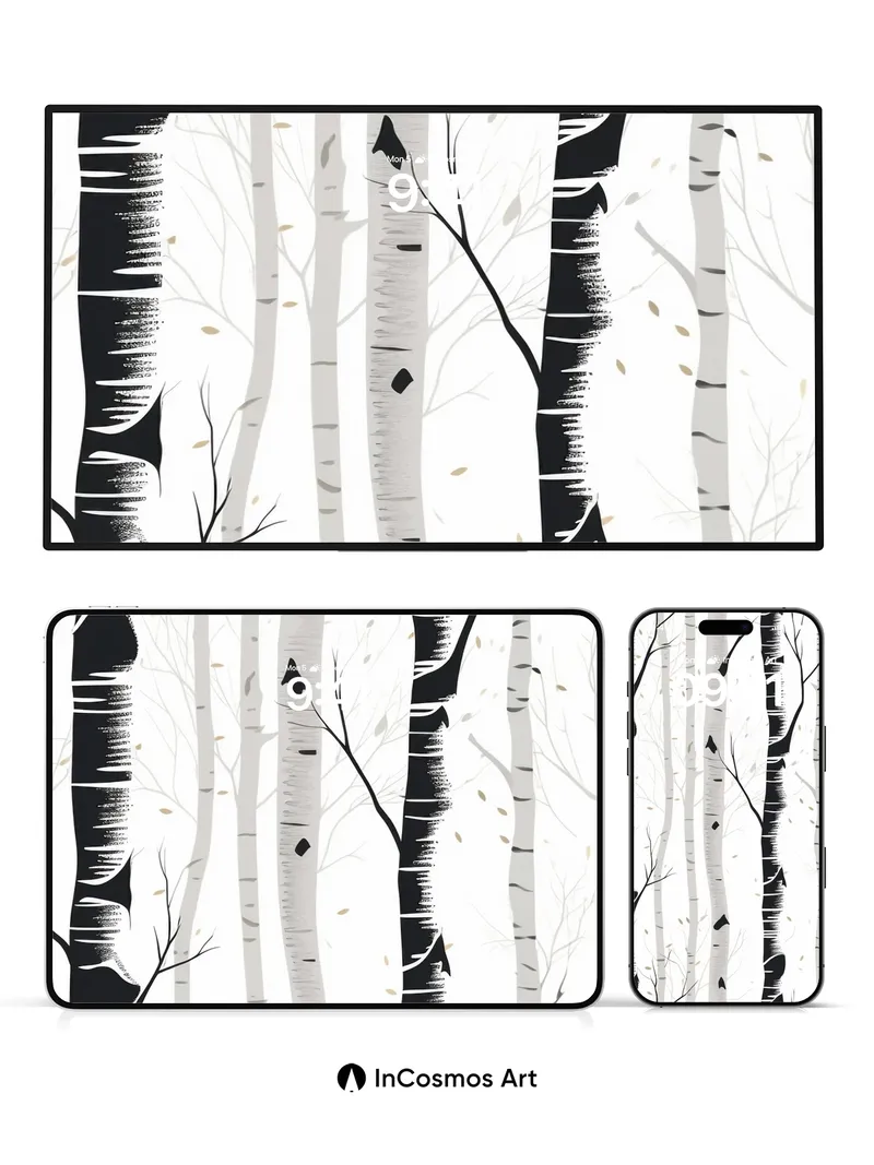 Silent Birch Forest Wallpaper with Golden Leaves