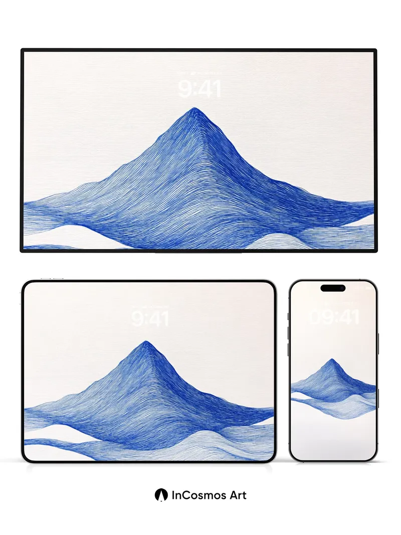 Calm Blue Mountain Wallpaper with Ink Waves