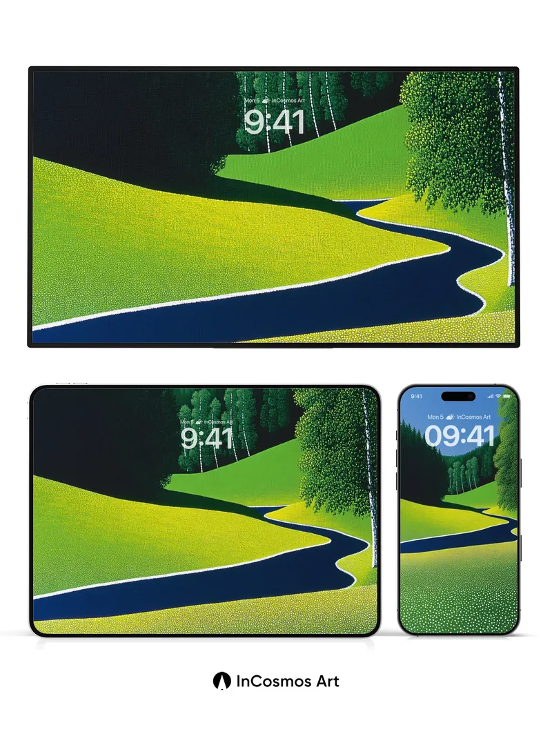 Serene Forest Path Wallpaper with Dotted Meadow