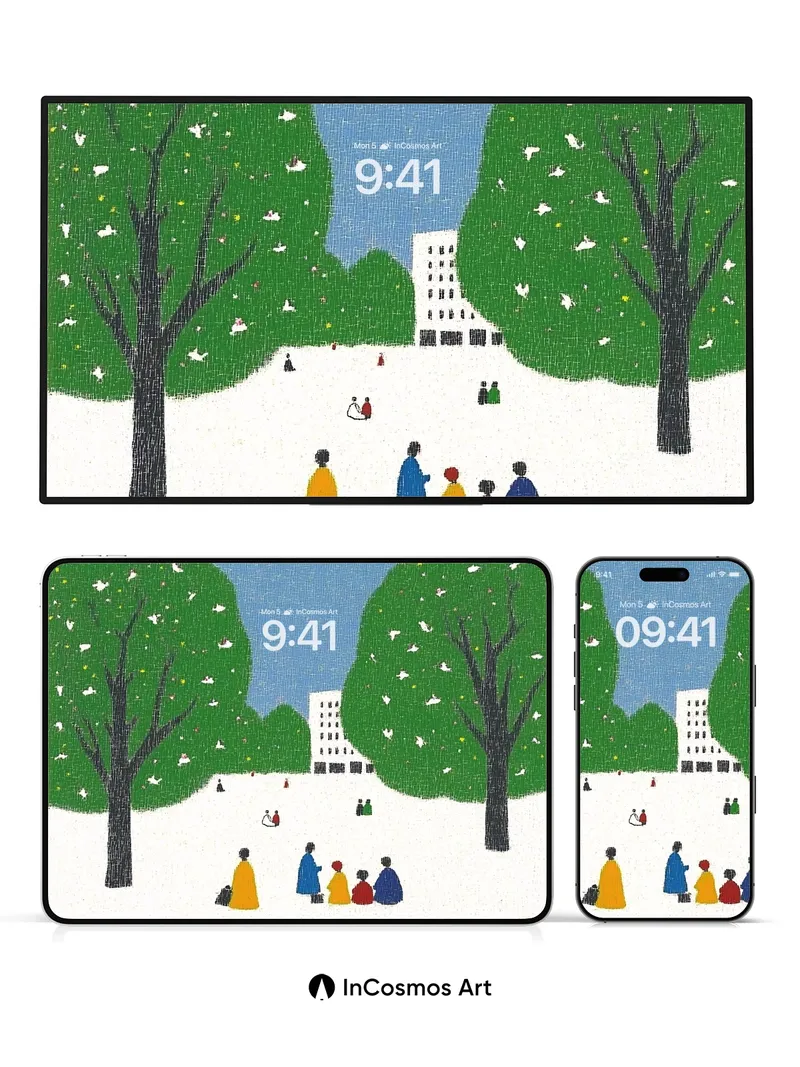 Serene Park Walk Wallpaper with Floating Birds