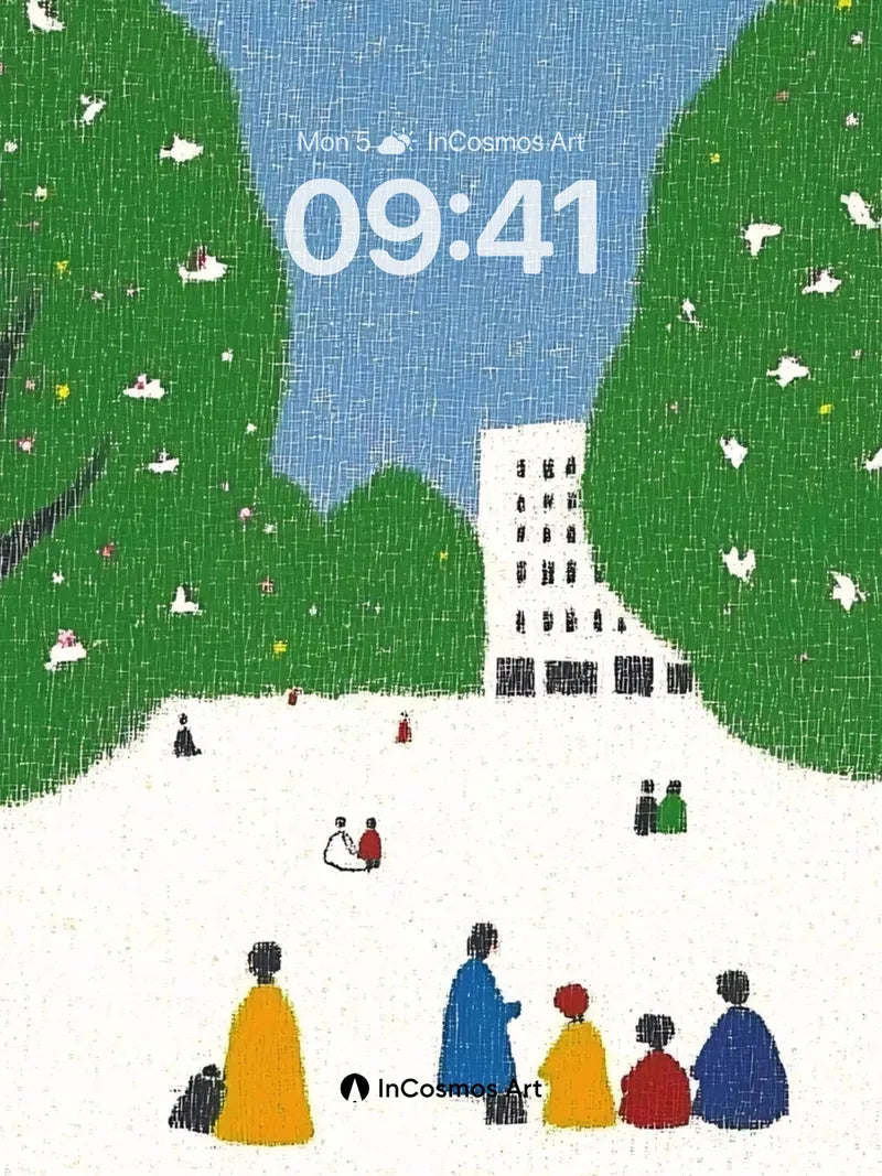 Serene Park Walk Wallpaper with Floating Birds