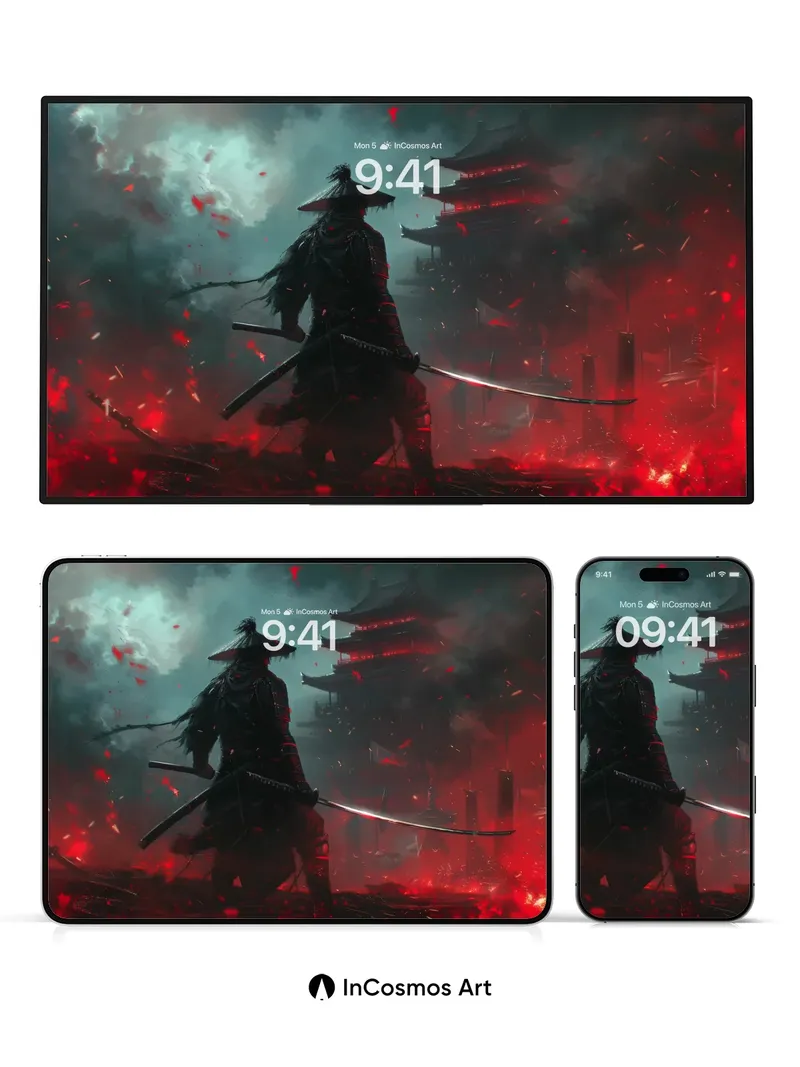 Crimson Shadow Wallpaper with Samurai Silhouette