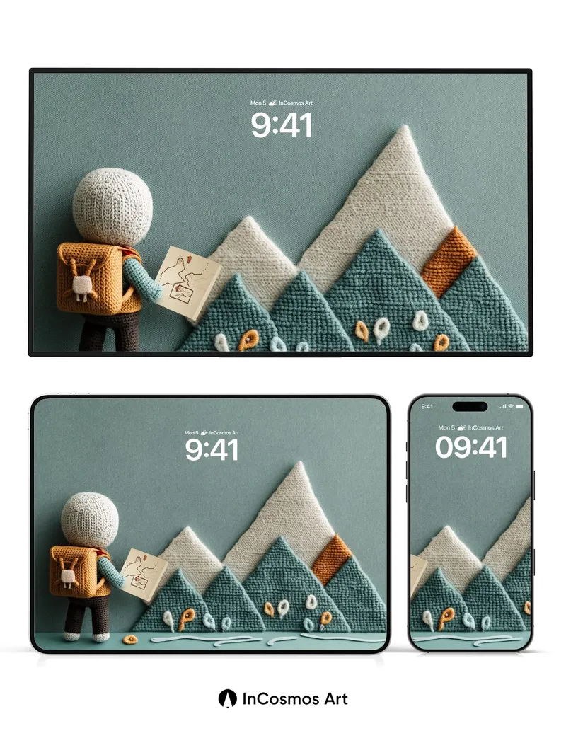 Knitted Mountain Adventure Wallpaper with Traveler Figure
